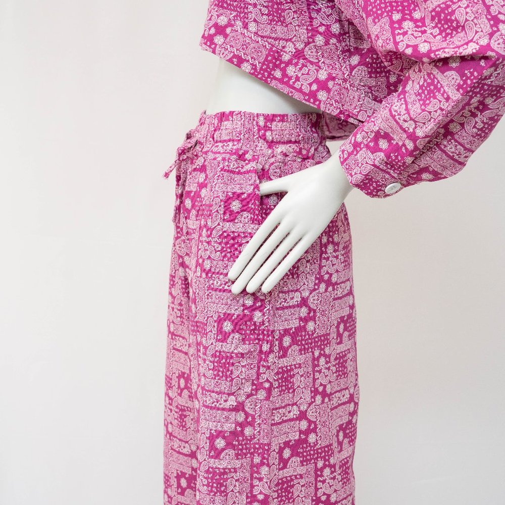 Women's Three Piece Paisley Pink Pattern Crop Jacket and Loose Pants Handmade - Picture 3 of 11
